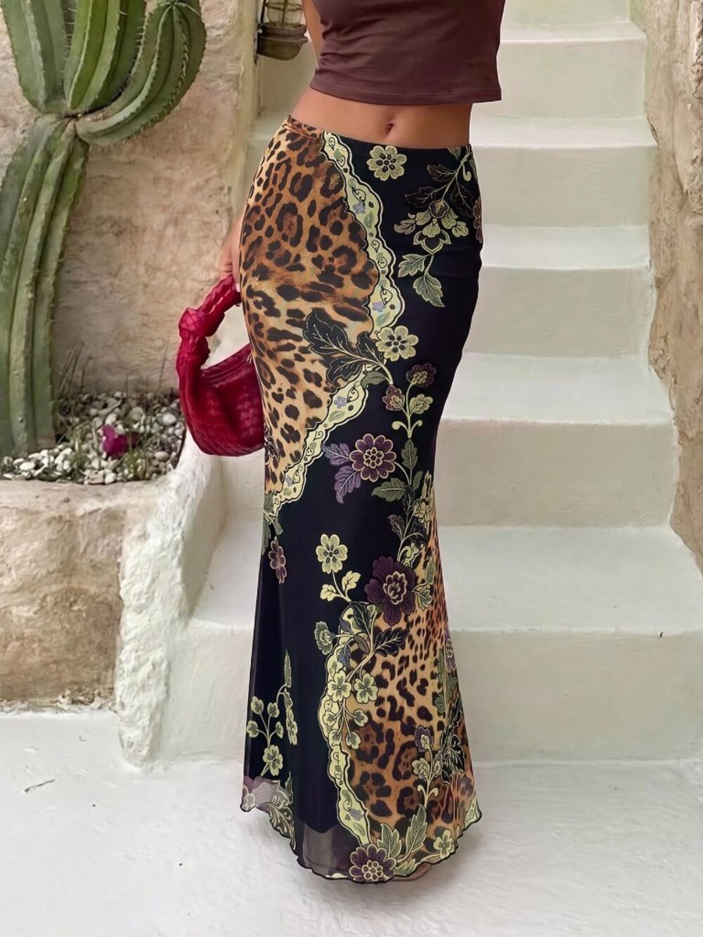 Black Boho Women's Leopard & Floral Print Mermaid Skirt